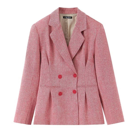 Dames Roze Visgraat Tweed Blazer Jas Double-breasted Slim Fit Reverskraag Lange Mouw Casual Office Lady Outwear