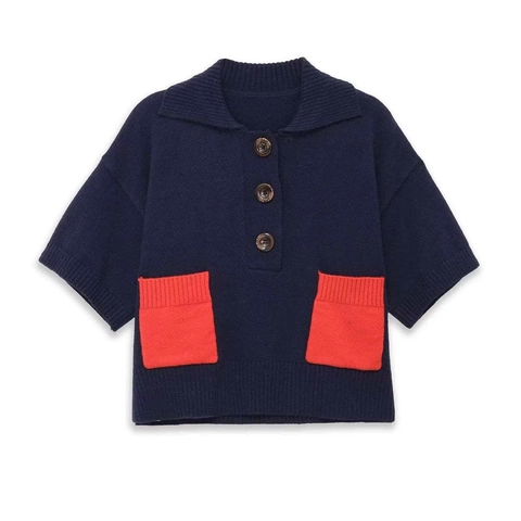 Haut en Tricot Décontracté pour Femmes Polyester Bleu Marine Col Polo Poches Rouges Contrastées Manches Courtes Pull en Tricot Basique