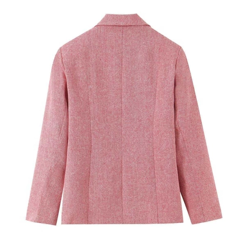 Dames Roze Visgraat Tweed Blazer Jas Double-breasted Slim Fit Reverskraag Lange Mouw Casual Office Lady Outwear