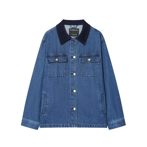 Vintage Women Denim Jacket With Dark Blue Corduroy Collar Loose Patchwork Single Breasted Metal Button Pocket Jean Outerwear
