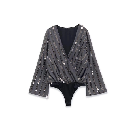 Body da Donna Sexy Scollo a V con Paillettes Manica Lunga Giunzione Elegante Top Party Grigio Nero Slim Fit Jumpsuit da Sera