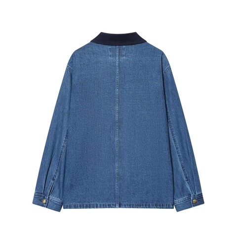 Vintage Women Denim Jacket With Dark Blue Corduroy Collar Loose Patchwork Single Breasted Metal Button Pocket Jean Outerwear