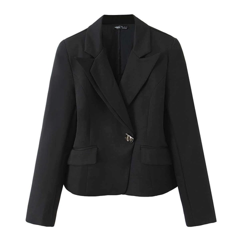Women Elegant Slim Fit Notched Lapel Blazer Jacket Black Long Sleeve Short Suit Top With Back Hollow Metal Button Decor