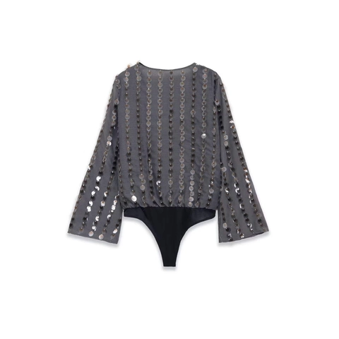 Body da Donna Sexy Scollo a V con Paillettes Manica Lunga Giunzione Elegante Top Party Grigio Nero Slim Fit Jumpsuit da Sera
