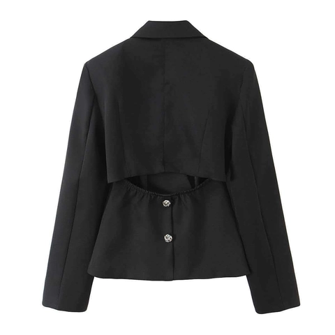 Women Elegant Slim Fit Notched Lapel Blazer Jacket Black Long Sleeve Short Suit Top With Back Hollow Metal Button Decor