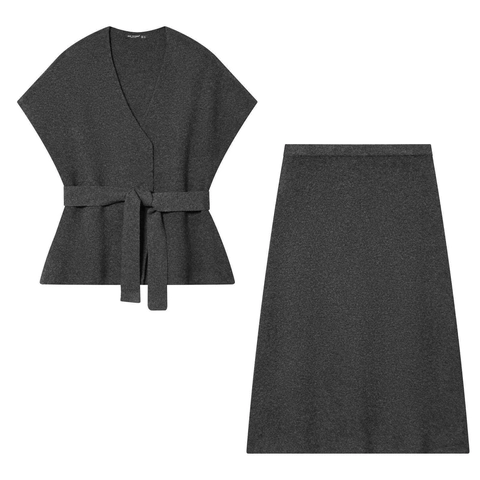 Ensemble Deux Pièces en Tricot Décontracté pour Femmes Gilet à Col en V avec Lien à la Taille et Jupe Midi Coupe en A