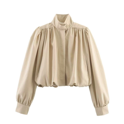 Chaqueta Corta Plisada Casual para Mujer Albaricoque Cuello Alto Manga Linterna Abullonada Color Sólido Abotonada Ropa de Abrigo de Poliéster