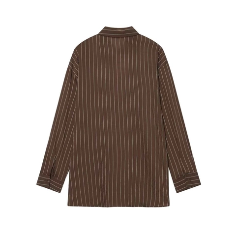 Camicia a Righe Vintage a Manica Lunga da Donna Casuale Ampia con Colletto Rovesciato e Dettaglio Fibbia Top da Ufficio