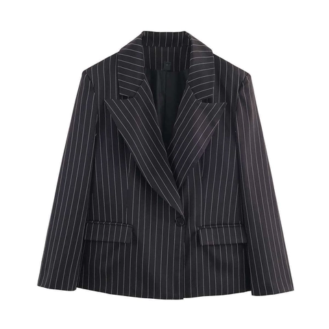Veste Blazer à Rayures pour Femmes Manches Longues Bouton Unique Revers Bureau Navettage Vêtements d'Extérieur Avec Poches Polyester