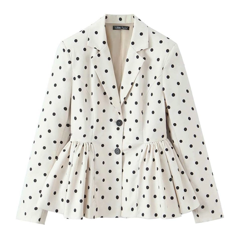 Damen Retro Polka Dot Peplum Blazer Schlanke Passform Reverskragen Langarm Rüschensaum Polyester Jacke Mantel Mode Oberbekleidung