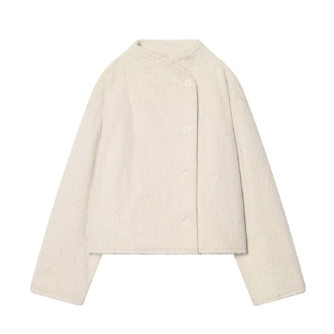 Damen Casual Plüsch Jacke Langarm Zweireihig Stehkragen Einfarbig Warm Oberbekleidung Mode Cremeweiß Mantel