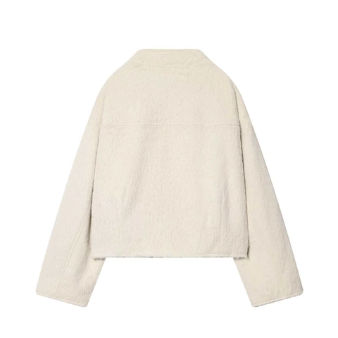 Damen Casual Plüsch Jacke Langarm Zweireihig Stehkragen Einfarbig Warm Oberbekleidung Mode Cremeweiß Mantel