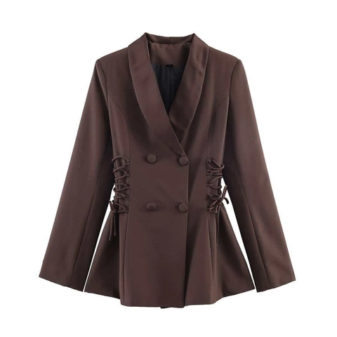 Dames Elegant Sjaalkraag Satijnen Splicing Blazer Zijwaartse Trekkoord Strik Double Breasted Effen Kleur Koffiebruin Jas