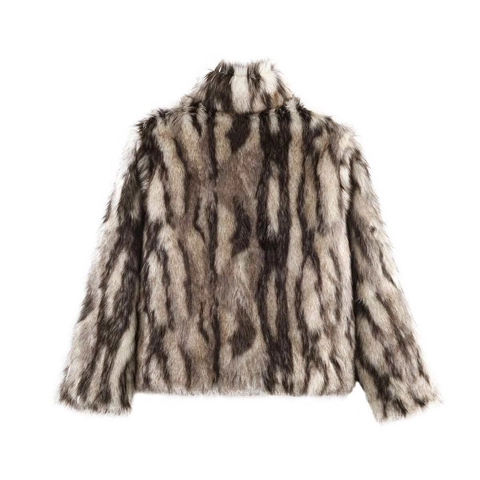 Abrigo de Piel Sintética de Invierno para Mujer Elegante Cuello Alto Rayado Manga Larga Ropa de Abrigo Chaquetas Cálidas Moda
