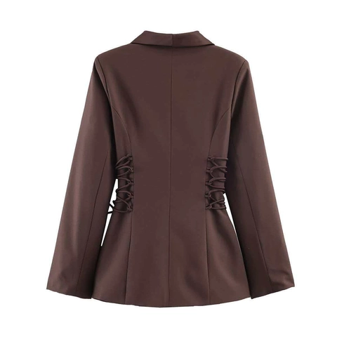 Dames Elegant Sjaalkraag Satijnen Splicing Blazer Zijwaartse Trekkoord Strik Double Breasted Effen Kleur Koffiebruin Jas