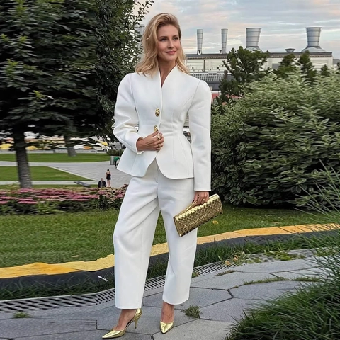 Damen Elegant Slim Fit Blazer Und Hose Zweiteiliges Set Einfarbig Office Lady Business Pendler Anzug Mit Goldknöpfen