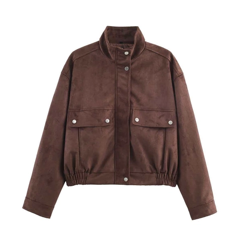 Chaqueta Bomber de Gamuza Sintética para Mujer Vintage Color Sólido Cuello Alto Abrigo Corto Cargo Con Bolsillos Solapa Dobladillo Elástico