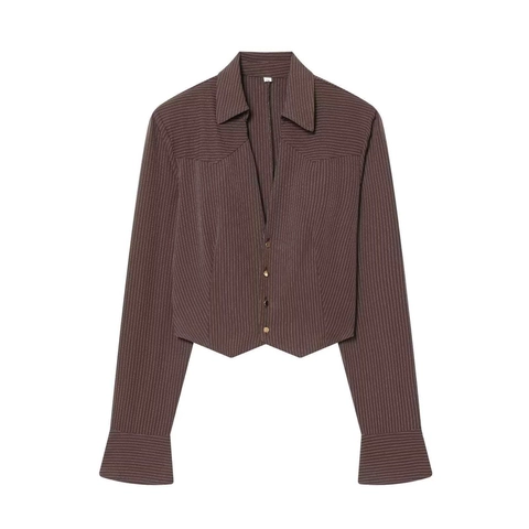 Women Striped Long Sleeve Crop Top V Neck Single Breasted Button Down Short Blouse Shirt Fashion Casual Office Streetwear