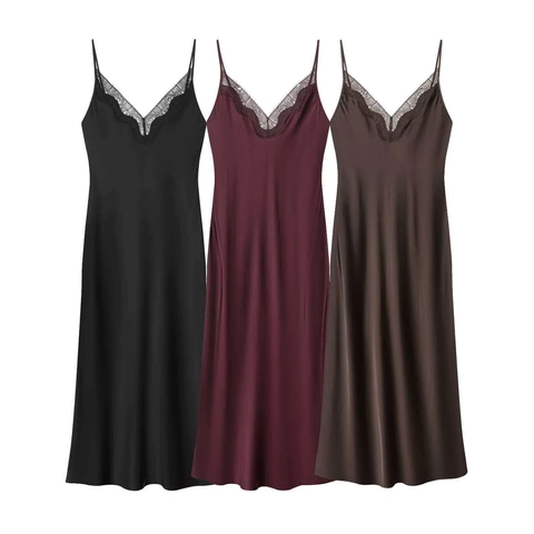 Abito da Donna Sexy in Raso con Scollo a V e Pizzo Senza Maniche Schiena Scoperta Bodycon Maxi Cami Abito Elegante Tinta Unita Festa Serale