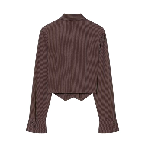 Women Striped Long Sleeve Crop Top V Neck Single Breasted Button Down Short Blouse Shirt Fashion Casual Office Streetwear