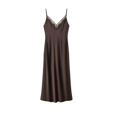 Abito da Donna Sexy in Raso con Scollo a V e Pizzo Senza Maniche Schiena Scoperta Bodycon Maxi Cami Abito Elegante Tinta Unita Festa Serale