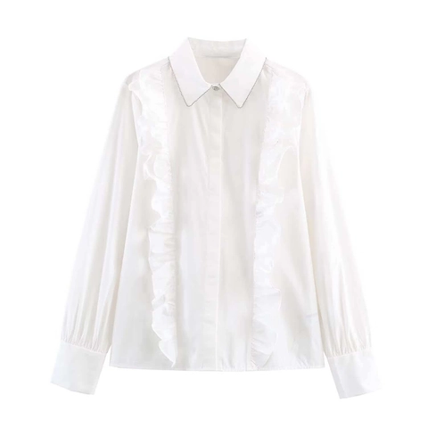 Damen Elegant Rüschen Perlen Hemd Weiß Langarm Popeline Bluse Mit Silberner Kette Stilvolles Büro Pendler Top