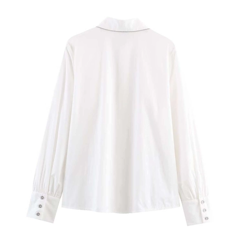 Damen Elegant Rüschen Perlen Hemd Weiß Langarm Popeline Bluse Mit Silberner Kette Stilvolles Büro Pendler Top