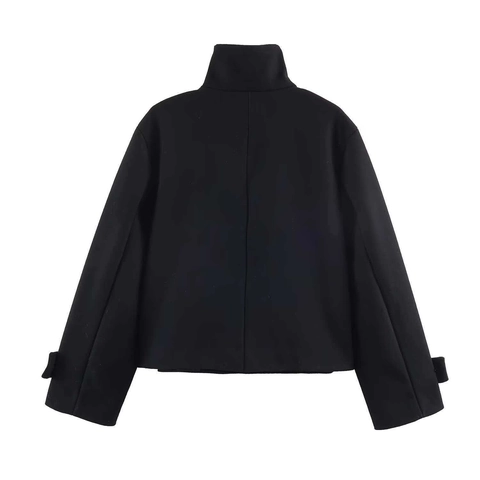 Women's Elegant Stand Collar Short Woolen Coat Autumn Winter Fashion Long Sleeve Button Up Front Solid Color Jacket Outerwear