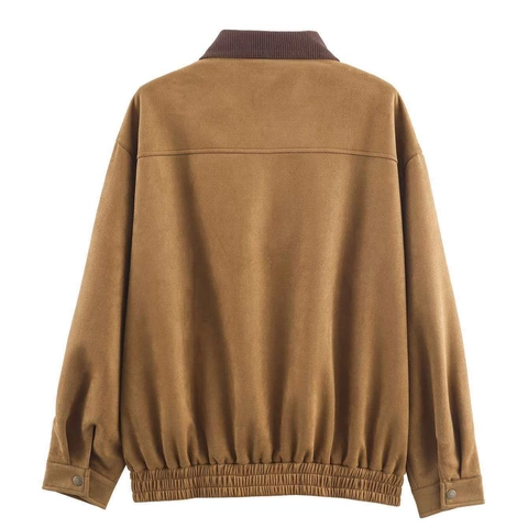 Fashion Faux Suede Lapel Jacket Corduroy Contrast Collar Long Sleeve Outerwear With Pocket Elastic Hem Casual Commute Coat