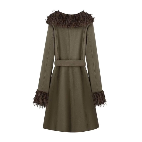 Vintage Olive Green Faux Suede Coat For Women Long Sleeve Double Breasted Slim Trench Coat With Belt Faux Fur Collar Outerwear