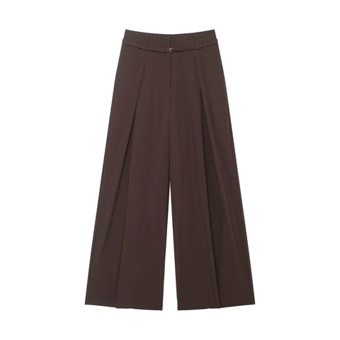 Pantalones de Pierna Ancha de Cintura Alta para Mujer Con Cinturón Marrón Oscuro Elegante Plisado Conmutación Oficina Pantalones Formales Color Sólido