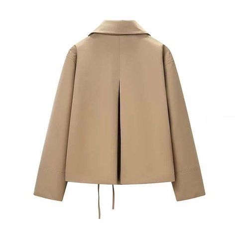 Women Khaki Bow Tie Front Short Jacket Lapel Long Sleeve Loose Outerwear French Vintage Autumn Commuter Style Coat