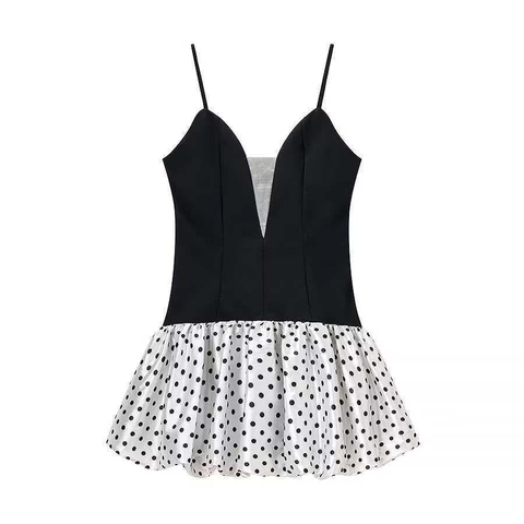 Abito da Donna Sexy con Scollo a V Profondo a Pois Patchwork Senza Maniche Vita Alta Gonna a Sbuffo Summer Party Clubwear