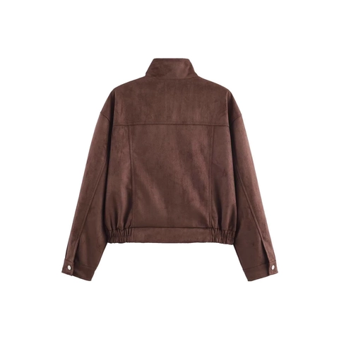 Chaqueta Bomber de Gamuza Sintética para Mujer Vintage Color Sólido Cuello Alto Abrigo Corto Cargo Con Bolsillos Solapa Dobladillo Elástico