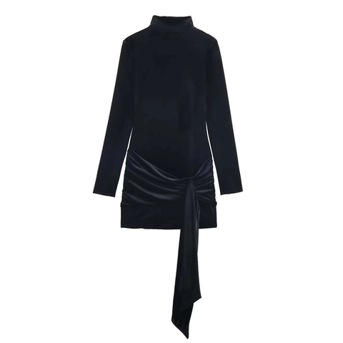 Women Sexy Black Velvet Mini Dress High Neck Long Sleeve Ruched Tie Side Sash Elegant Slim Fit Bodycon Party Dress