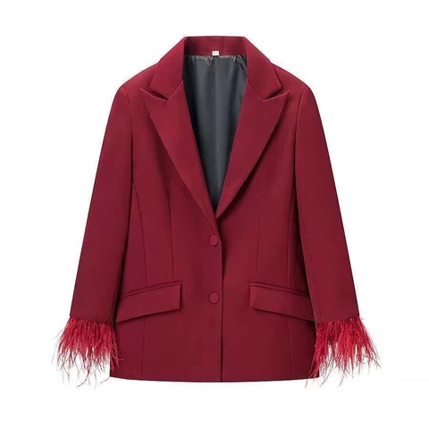 Damen Weinrot Federbesatz Blazer Und Hohe Taille Weites Bein Gerade Hose Elegante Büro Outfits Casual Business Anzüge