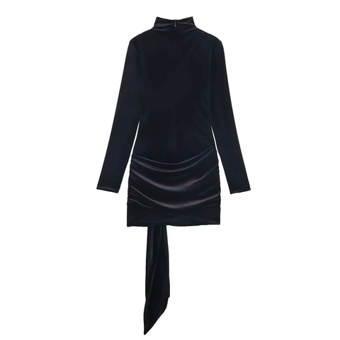 Women Sexy Black Velvet Mini Dress High Neck Long Sleeve Ruched Tie Side Sash Elegant Slim Fit Bodycon Party Dress