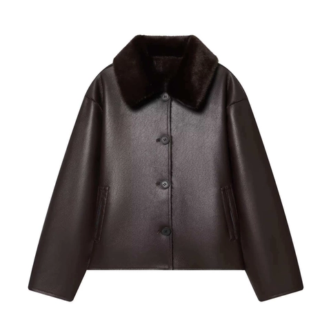 Women Vintage Faux Leather Jacket With Faux Fur Collar Deep Coffee Brown Button Down Long Sleeve Warm Coat Outwear