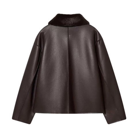 Women Vintage Faux Leather Jacket With Faux Fur Collar Deep Coffee Brown Button Down Long Sleeve Warm Coat Outwear