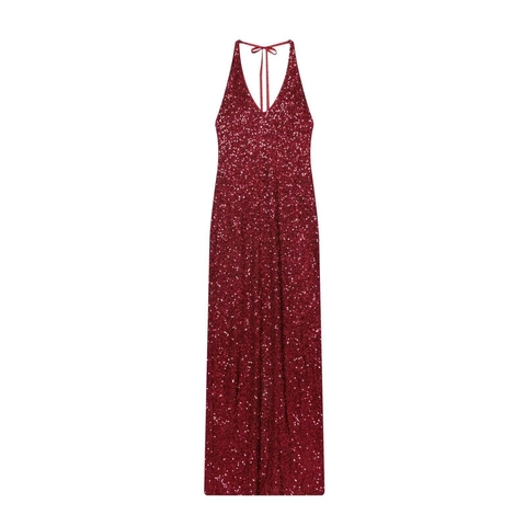 Vestido Largo Sexy de Lentejuelas Color Vino para Mujer con Cuello Halter Escote en V Profundo Espalda Descubierta Maxi Vestido