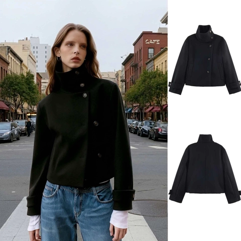 Women's Elegant Stand Collar Short Woolen Coat Autumn Winter Fashion Long Sleeve Button Up Front Solid Color Jacket Outerwear
