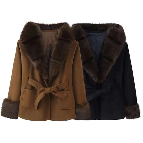 Abrigo de Lana Elegante para Mujer Con Cuello de Piel Sintética Capucha Manga Larga Ajuste Delgado Chaqueta de Largo Medio Abrigo de Invierno Cálido Con Cinturón