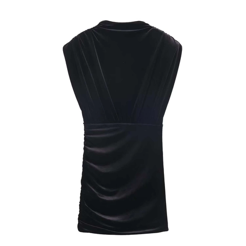 Vestido Mini de Terciopelo Elegante para Mujer Fruncido Sin Mangas Hombreras Cuello Alzado Ajuste Delgado Vestido Fiesta