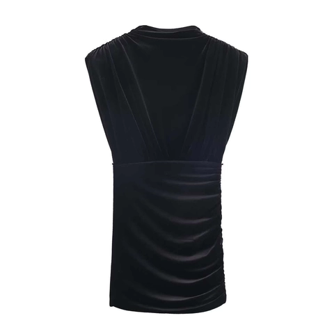 Vestido Mini de Terciopelo Elegante para Mujer Fruncido Sin Mangas Hombreras Cuello Alzado Ajuste Delgado Vestido Fiesta