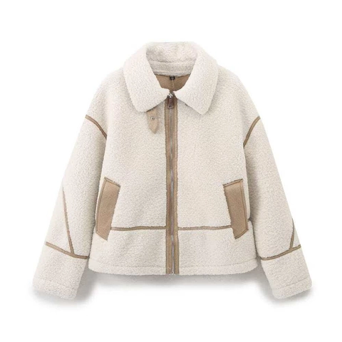 Dames Vintage Patchwork Imitatie Lamswol Jas Revers Lange Mouw Rits Warme Winter Korte Buitenmantel Crème