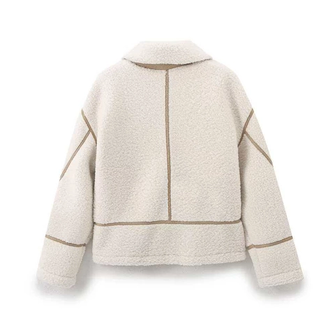 Dames Vintage Patchwork Imitatie Lamswol Jas Revers Lange Mouw Rits Warme Winter Korte Buitenmantel Crème