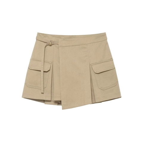 Falda Cargo Caqui Casual para Mujer Falda Pantalón Fruncida Irregular Con Cinturón Hebilla en D Minifalda de Moda Verano