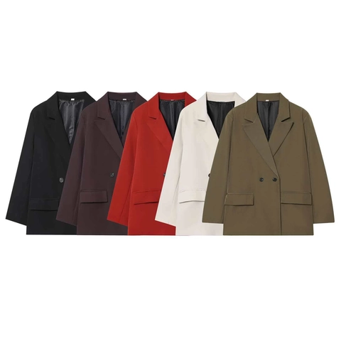 Women Double-Breasted Suit Jacket Notched Lapel Long Sleeve Blazer With Flap Pockets Elegant Office Wear Solid Color Top
