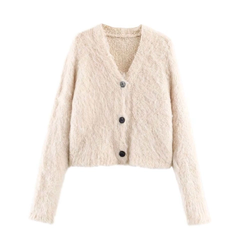 Women Casual Fluffy V-Neck Knit Cardigan Single Breasted Long Sleeve Mohair-Style Soft Knitting Sweater Top