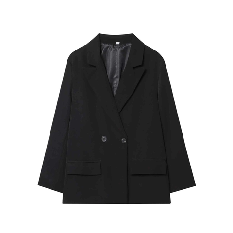 Women Double-Breasted Suit Jacket Notched Lapel Long Sleeve Blazer With Flap Pockets Elegant Office Wear Solid Color Top